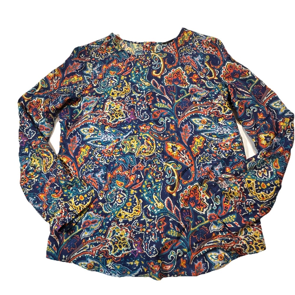 J Mclaughlin Button Back Collarless‎ Top Womens XS Blue Paisley Modal Silk